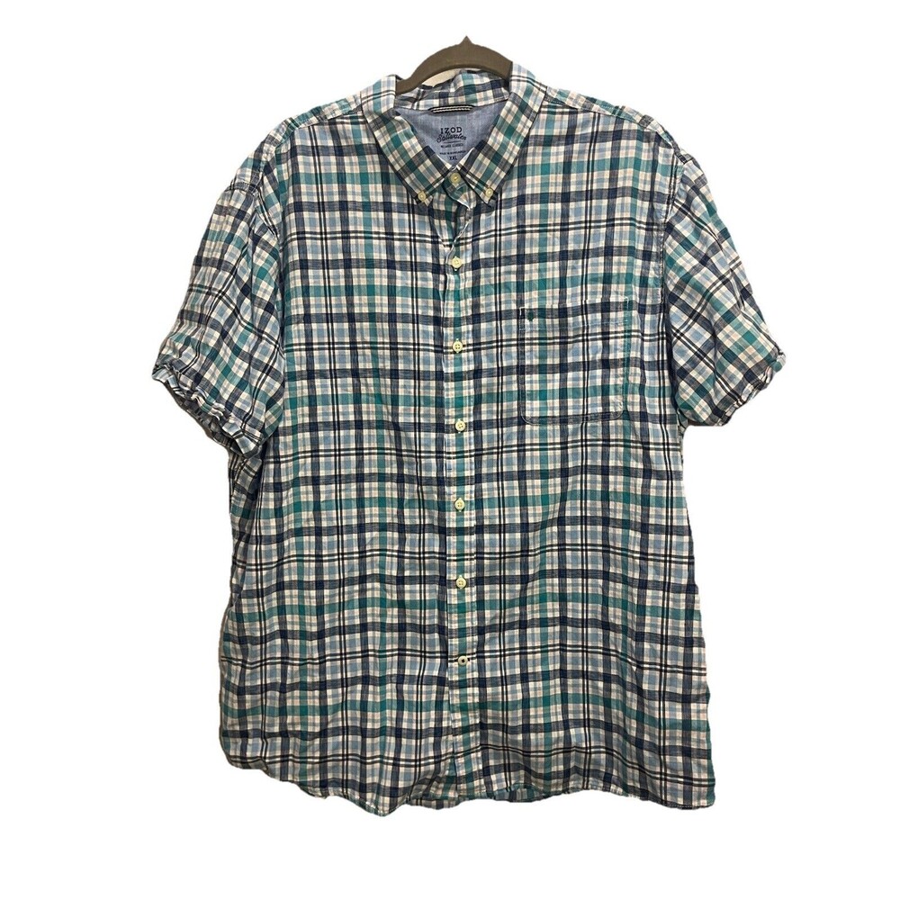 Izod Saltwater Short Sleeve Button Up Shirt Mens XXL Blue White Plaid Cotton